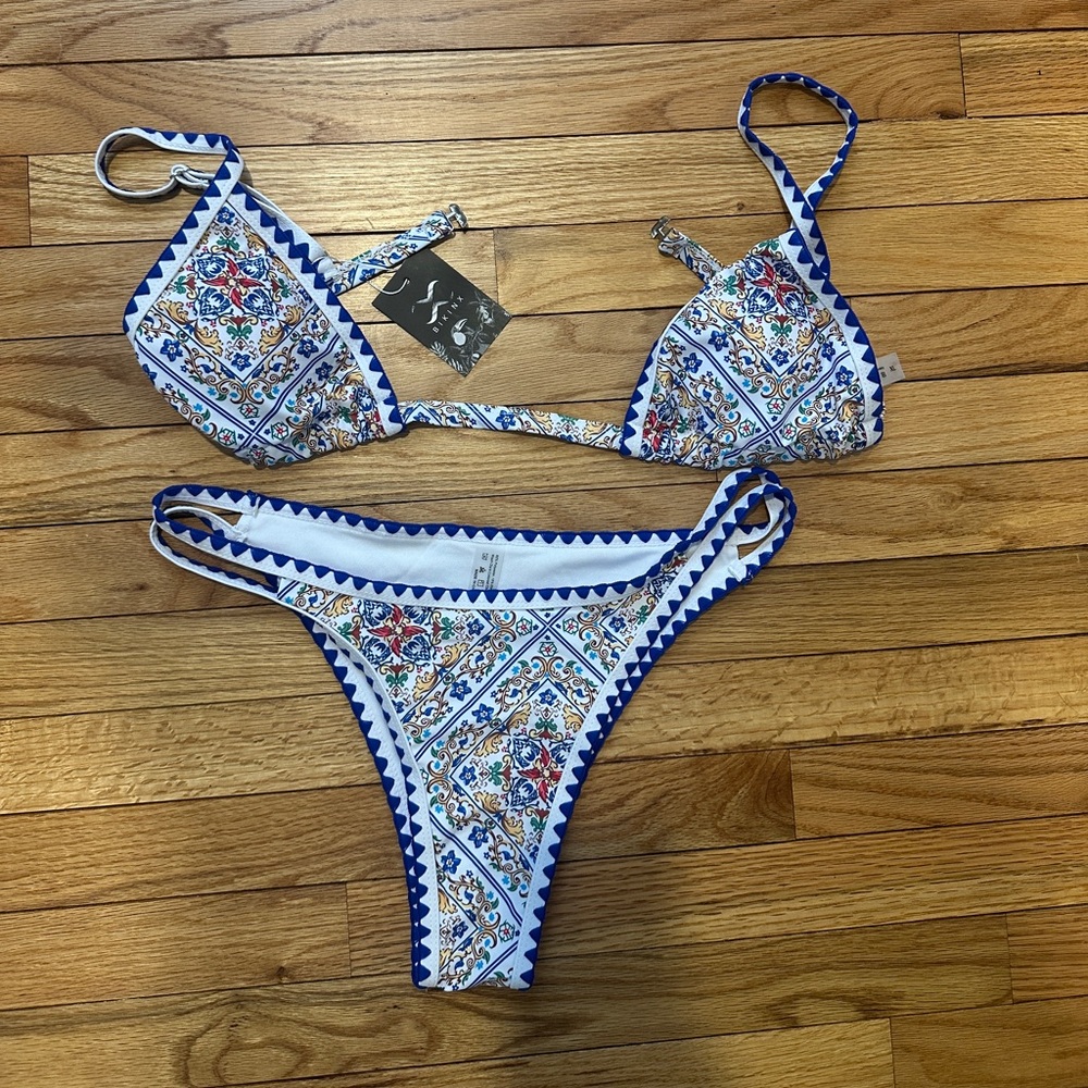 Blue and White Patterned Bikini Set